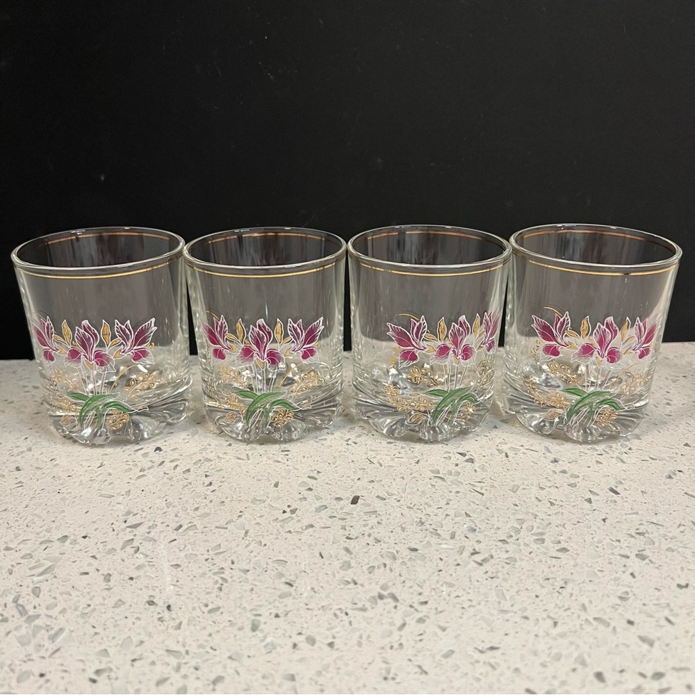 Vintage CERVE Devalbor Pink Iris Italian Crystal Glasses w Gold Trim | Set of 4